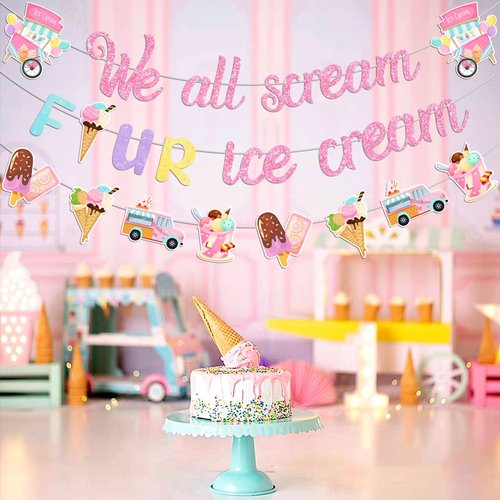 Jollyboom Ice Cream Birthday Decoration 4th, We All Scream 4 Ice Cream Birthday Banner Glitter Ice Cream Banner Garland for Summer Ice Cream Theme Girl 4th Birthday Party