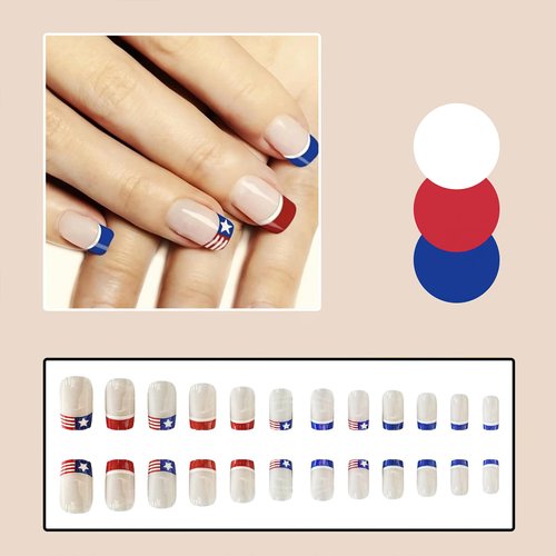 24Pcs 4th of July Press on Nails Medium Square Fake Nails Glossy French Tip Glue on Nails with Flag Design Independence Day Patriotic Full Cover Stick on Nails for Women Girls Manicure Decoration