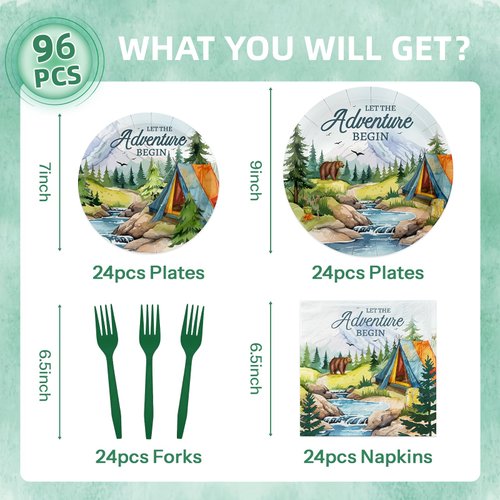 Iemctsy Let The Adventure Begin Decorations - 96PCS Adventure Awaits Party Decorations Paper Plates Napkins Disposable Dinnerware Sets for Baby Shower Birthday Christmas Party decorations Serves 24