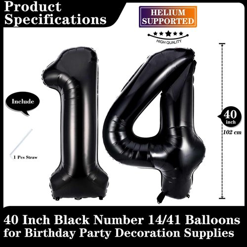 Black 14 Number Balloons, 40 Inch Giant Number 14 Balloons Foil Mylar Helium Black Number Balloons for 14th Birthday Party Supplies Anniversary Event Celebration Decorations