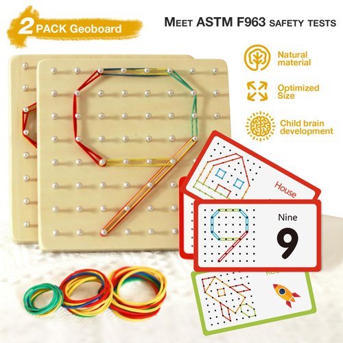 CHEROSIN 2Pack Wooden Geoboard Montessori Toys - Wood Geo Board Manipulative Geoboards for 4 5 6 Year Old Kids with Pattern Cards and Rubber Bands,Educational Peg Board for Boys Girls Ages 3-6