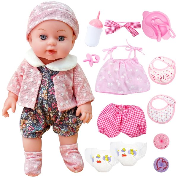 Miaio 12 Inch Newborn Baby Dolls Set of 12 Doll Accessories Feeding Combo Set, Feeding Bottle, Pacifier, Bib, Diaper, Skirt, Feeding Kit (E)