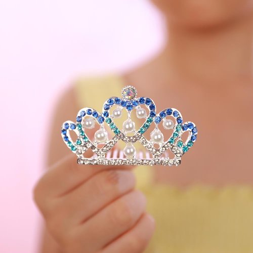 JWICOS Princess Comb Mini Crystal Hair Comb Silver Pearl Hair Comb Rhinestone Wedding Mini Headband Comb for Girls (Blue)