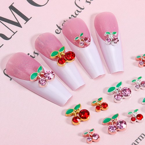 40 Pcs Cherry Nail Charms for Acrylic Nails - Mixed Gold and Silver 3D Alloy Rhinestone Shinny Nail Charms for Acrylic Nails DIY Nail Decoration for Gel Nails