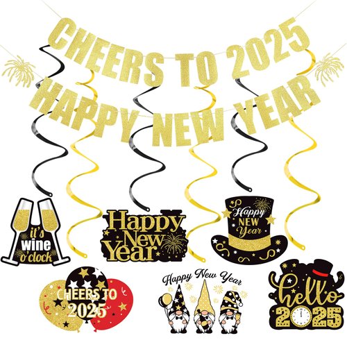 Gold Cheers To 2025 Happy New Year Banner and New Years Hanging Swirls, New Year Eve Banner 2025 Happy Nye Banner 2025 for Happy New Year Party Decorations 2025, New Years Eve Party Supplies 2025