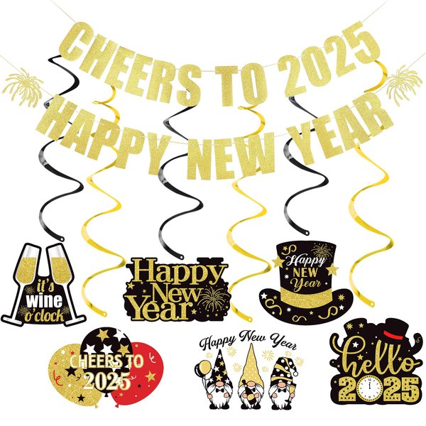 Gold Cheers To 2025 Happy New Year Banner and New Years Hanging Swirls, New Year Eve Banner 2025 Happy Nye Banner 2025 for Happy New Year Party Decorations 2025, New Years Eve Party Supplies 2025