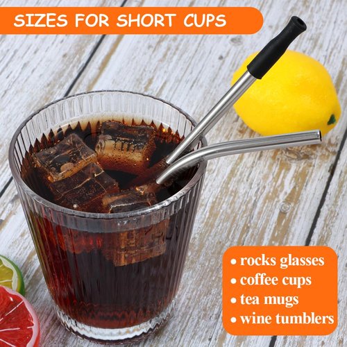 Lazycorner 16 Short Metal Straws, 6mm 5.5" 6.5" Kids Reusable Straws+Silicone Tips+Cleaner, Mini Small Stainless Steel Straws Fit 8 10 12 oz Tumbler/Wine Tumblers, Reusable Cocktail Straws(Silver)