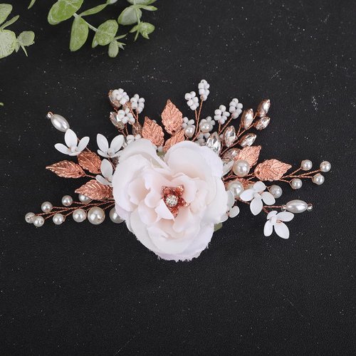 Teyglen Flower Wedding Hair Clip Pearl Rhinestone Bridal Hair Clip Handmade Leaf Flower Headpiece Jewelry Barrette Hair Accessories for Women