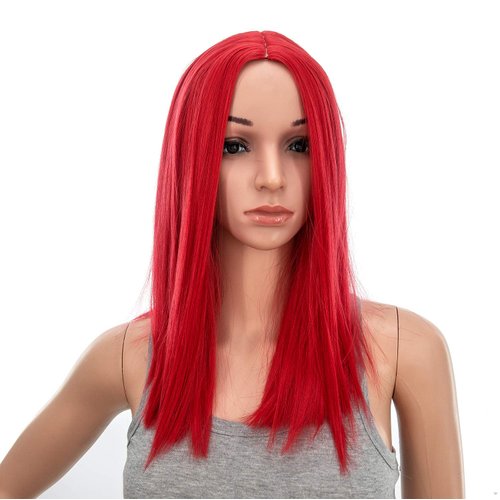 SWACC 14-Inch Short Straight Middle Part Hair Wig Medium Length Synthetic Heat Resistant Wigs for Women with Wig Cap (Red)