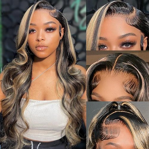 Aveiyce 13x6 1b/27 Highlight Ombre Balayage Lace Front Wigs Human Hair Black and Blonde Body Wave Lace Frontal Wig Pre Plucked with Baby Hair for Black Women HD Transparent 180% Density Wig 24 Inch