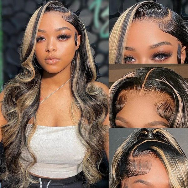 Aveiyce 13x6 1b/27 Highlight Ombre Balayage Lace Front Wigs Human Hair Black and Blonde Body Wave Lace Frontal Wig Pre Plucked with Baby Hair for Black Women HD Transparent 180% Density Wig 24 Inch