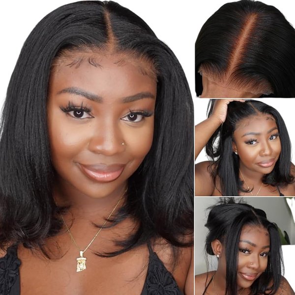 UNICE Bye Bye Knots Wig Yaki Kinky Straight Bob Wigs Human Hair Pre Bleached Invisible Knots 7x5 Lace Front Wigs Human Hair Pre Everything Glueless Wigs Pre Plucked Pre Cut Lace 14 inch