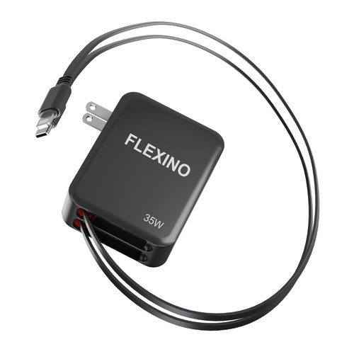 FLEXINO Retractable Wall Charger, 3-in-1 Retractable Charger Adapter with Foldable Plug, 35W Fast Charger with 2 Retractable Cords 2.6ft, Fit for iPhone 16/15/14/13/12, Galaxy, and More