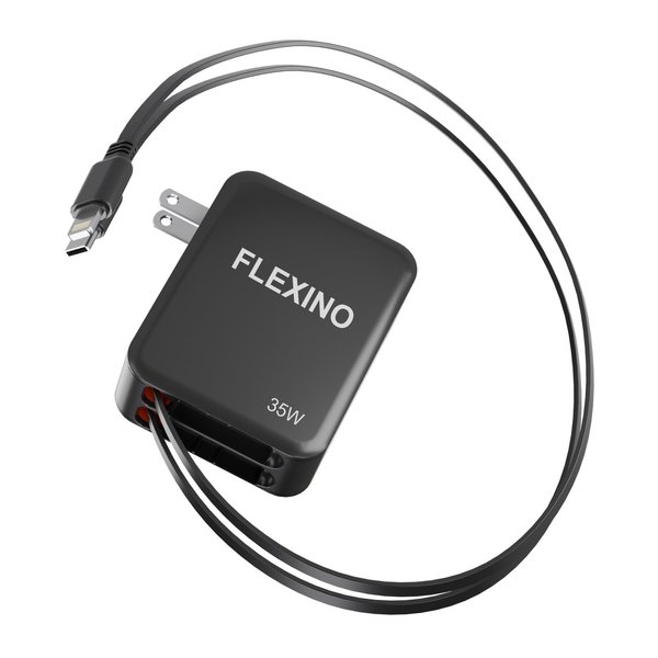FLEXINO Retractable Wall Charger, 3-in-1 Retractable Charger Adapter with Foldable Plug, 35W Fast Charger with 2 Retractable Cords 2.6ft, Fit for iPhone 16/15/14/13/12, Galaxy, and More