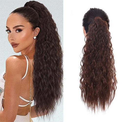 XUENMB Curly Ponytail Extension for Women 21 Inch Long Drawstring Kinky Curly Wigs Daily Black Natual Wavy Clip in Ponytail Hairpieces (Red Brown)