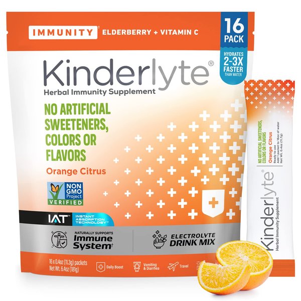 Kinderlyte Immunity: Immune Support Hydration Supplement, Plant Powered Blend, Electrolyte Drink Mix, Elderberry, Turmeric, Vitamin D3 (Orange Citrus, 16 Count)