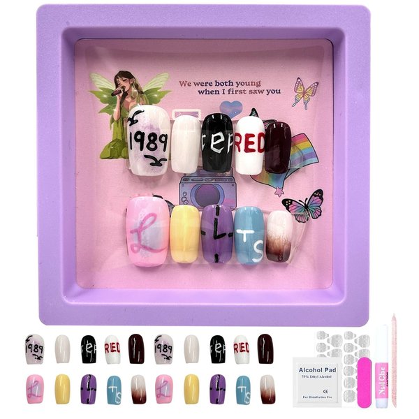 Handmade Press on Nails, Reusable False Nails, 3D Hand-Painted Gel UV Finish False Nails, Full Cover Artificial Nails Stick on Nails with Nail Glue,Mini Nail File, Manicure Stick, and 20 Fake Nails(M)