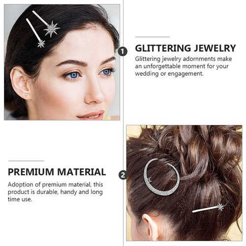 2pcs Vintage Star Moon Hair Pin Metal Alloy Rhinestone Bobby Pins Hair Accessories for Woman (Silver)