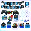 Video Game 7th Birthday Party Decorations Blue Black Happy Birthday Level 7 Banner Backdrop Honeycomb Centerpieces Hanging Swirls Tissue Paper Pompoms Kit for Boy 7 Years Old Game Controller Supplies