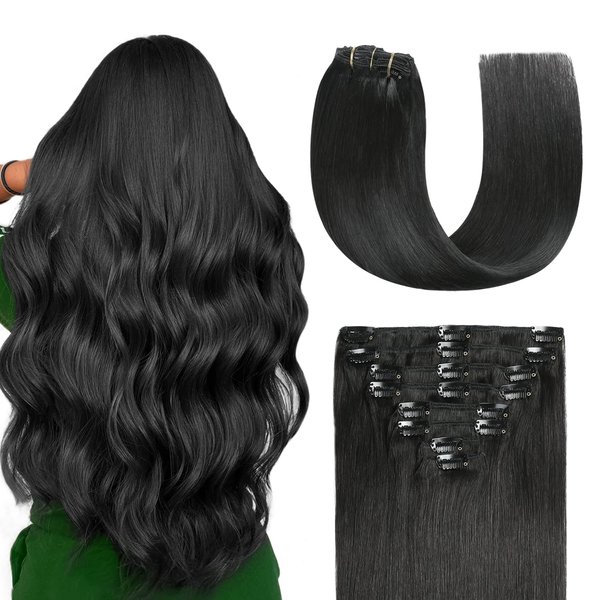 Sunya Clip in Hair Extensions Real Human Hair Jet Black Human Hair Clip in Extensions Double Weft Black Human Hair Clip ins Straight Hair Extensions Clip ins 18 Inch #1 8Pcs/120g