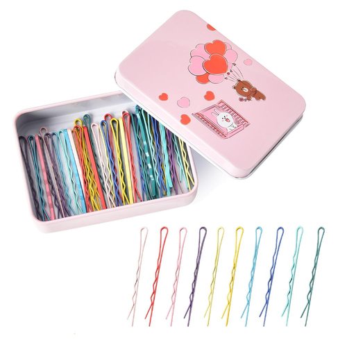 50 Pcs Bobby Hair Pins for Women Thick Thin Hair with Cartoon Barrette Bobby Pin Storage Box Hairpins Hair for Women Girls Short Long Hair Styling Pins for Updo Buns 2.2 Inches Colorful Wave Hair Pin