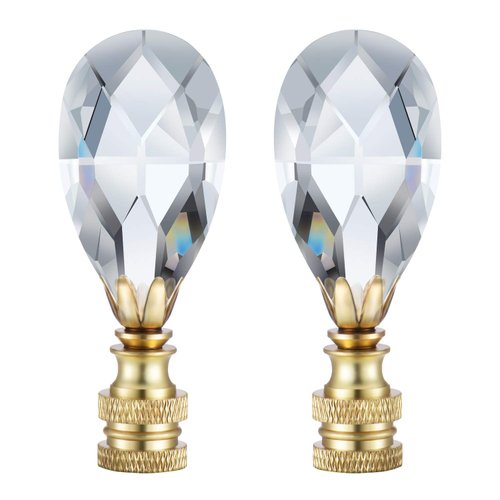 Canomo 2 Packs Teardrop Clear Crystal Lamp Finial Lamp Decoration for Lamp Shade with Polished Brass Base, Clear, 2-3/4 Inches