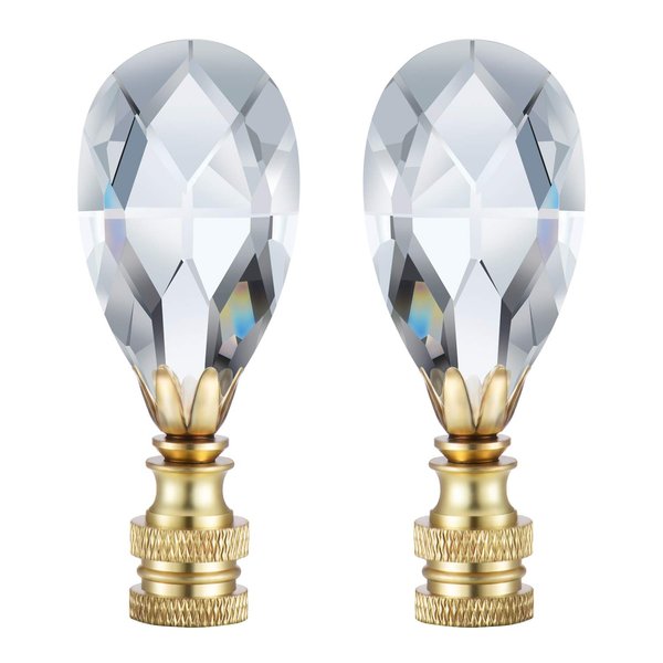 Canomo 2 Packs Teardrop Clear Crystal Lamp Finial Lamp Decoration for Lamp Shade with Polished Brass Base, Clear, 2-3/4 Inches