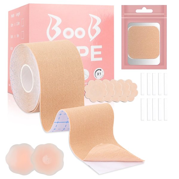 Boob Tape, Replace Your Bra-Instant Breast Lift Tape for A-G, Bob Tape for Breast Lift with 1 Breast Tape, 5 Pairs Satin Breast Petals, 1 Pair Silicone Nipple Stickers, 10 PCS Double Side Tape (2inch)