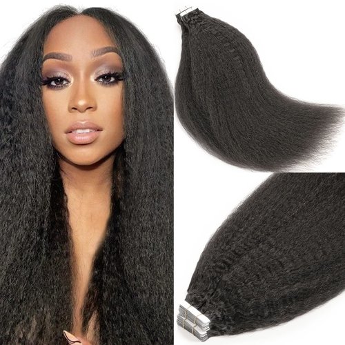 Lacer Kinky Straight Tape in Hair Extensions Human Hair Invisible Thick Natural Kinky Straight Tape in Hair Extension on Chest Black Tape in Hair Extensions Human Hair for Black Women 18Inch 20Pcs 50G