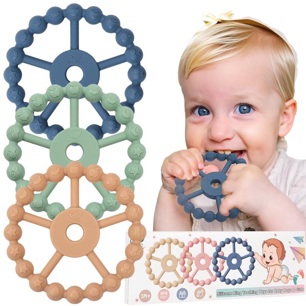 3 Pack Baby Teething Toys for Babies 0-6 Months, Silicone Teething Rings, Freezable Babies Teethers Rings 6-12-24 Months, Teething Relief Chew Toys for Girl Boy, Infant Necessities-Blu Gr Br