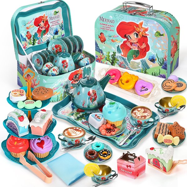 Tea Party Set for Little Girls, Mermaid Tea Party Set for Kids, Tea Sets for Toddlers 3-5, Tin Tea Set for Childs, Princess Tea Time Toys, Kids Kitchen Pretend Play Gift for Girls Boys 3-8