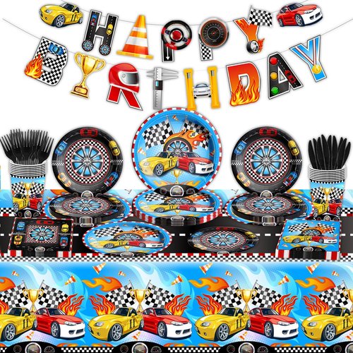 Race Car Birthday Party Supplies-142Pcs Racing Themed Plates and Napkins Set Boys Birthday Checkered Flag Two Fast Race Car Tableware Black Racetrack Race Car Decorations