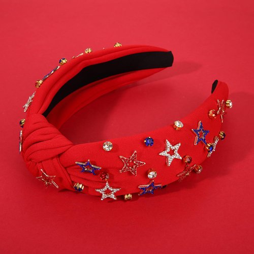 4th of July Headband for Women American Flag Headbands Rhinestone Crystal Jeweled Knotted Wide Top Headband Red White Blue Patriotic Headband USA Hairband Hair Accessories Party Favors (Red, L)