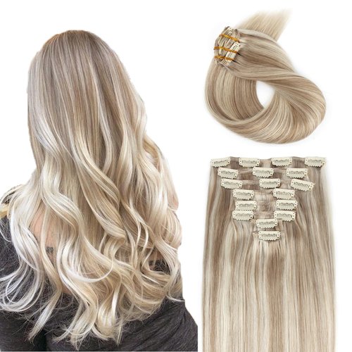 ABH AMAZINGBEAUTY HAIR Clip-in Hair Extensions for Women Light Brown Highlights Platinum Blonde 8pcs/120g 14 Inch Clip in Human Hair Extensions Long Straight P8-60 Soft Virgin Hair
