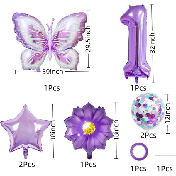 1st Butterfly Birthday Balloon Decorations，Butterfly Birthday Decorations for Girls 1， Butterfly Theme First Birthday Party Decoration Supplies (7Pcs purple 1)