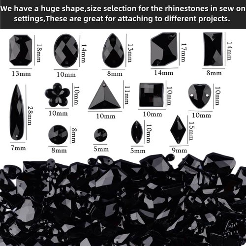Umillars 500 Pieces Mixed Acrylic Sew on Flatback Rhinestones Crystal Acrylic Gems Diamante for Crafts DIY Dress Clothes Shoes Bag Decorations (Black)