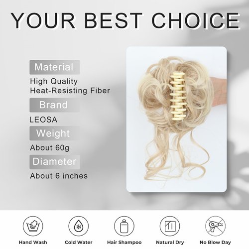 LEOSA Messy Bun Hair Piece Faux Hair Bun Claw Clip Curly Wavy Hair Buns Tousled Updo Hair Buns Extensions Scrunchie Long Beard Clip Claw in Bun Hair pieces for Women(24M/613#)