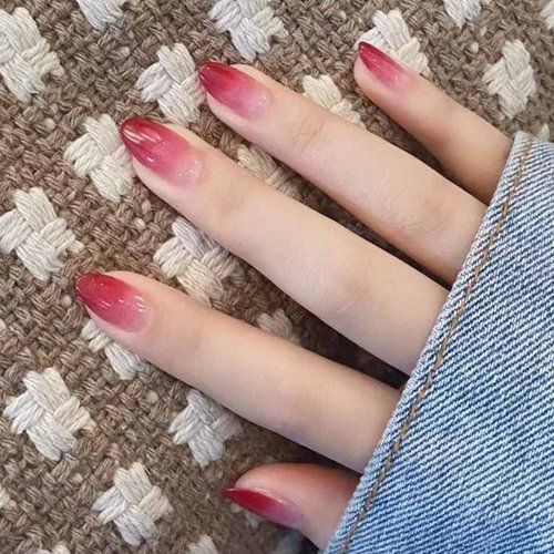Foccna Red Almond Fake Nails Medium Length-Press on Nails Gradient False Nails Full Cover False Nail - Tips 24 pcs