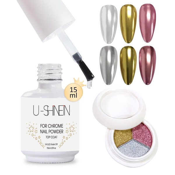 U-Shinein Top Coat Gel for Chrome Nail Powder, 15ml No Wipe Chrome Powder Top Coat High Gloss Shiny Clear Gel Nail Polish with 3 Colors Chrome Nail Powder, Long Lasting Soak Off DIY Nail Art Manicure