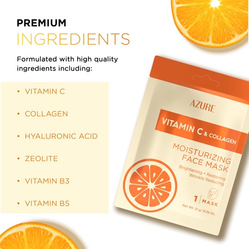 AZURE Vitamin C & Collagen Moisturizing Facial Sheet Mask- Anti Aging, Deeply Moisturizing & Firming - Brightening Mask, Improves Elasticity - Skin Care Made in Korea - 5 Pack