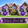 Purple 16th Birthday Decorations for Girls Black Purple Silver Happy Sweet 16 Birthday Yard Banner and 24pcs 70th Birthday Balloons for 16th Birthday Anniversary Party Supplies Indoor Outdoor Decor