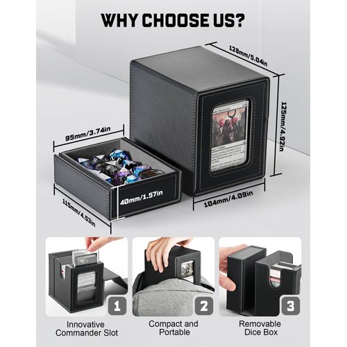 ZLCA MTG Deck Box, Commander Deck Box with Display Window, Card Deck Box Holds 100 Double-Sleeved Cards with Dice Tray & 35pt Magnetic Card Holder （Black&Grey）