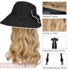 Qlenkay Sun Hat with 18'' Long Wavy Hair Extension Wide Brim Bucket Hat Bow Attached Curly Synthetic Hairpiece Adjustable Chin Strap Cap Wig for Women Ash Blonde