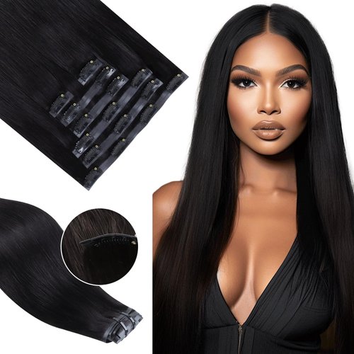 Clip in Hair Extensions Real Human Hair, Seamless Clip in Hair Extensions Human Hair, Clip ins for Black Women Ultra-thin 0.5mm PU Weft Straight 7pcs 14 Inch Natural Black 100% Remy Human Hair