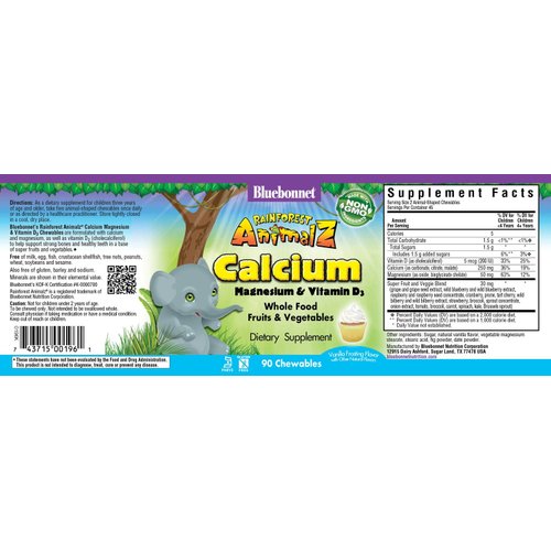 BlueBonnet Super Earth Rainforest Animalz Calcium Magnesium And Vitamin D3 Chews, Natural Vanilla Frosting, White, 90 Count