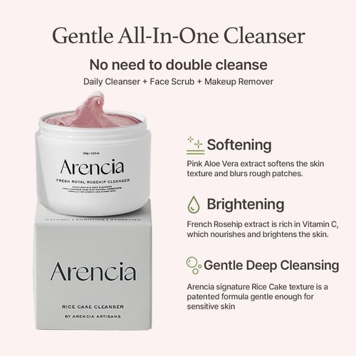 ARENCIA French Royal Rosehip Brightening Face Cleanser & Daily Scrub - Moisturizing, Exfoliating & Deep-Cleansing - Spa Quality, All Skin Types with Rice Powder & Rice Water (4.23oz)