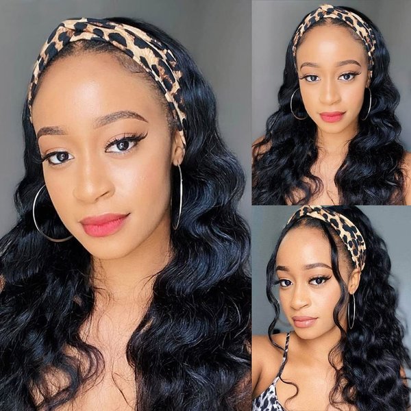 HEDY Headband Wig Human Hair Wigs for Black Women Glueless Brazilian Body Wave Head Scarf Wigs None Lace Front Wigs Human Hair 150% Density (18 inch)