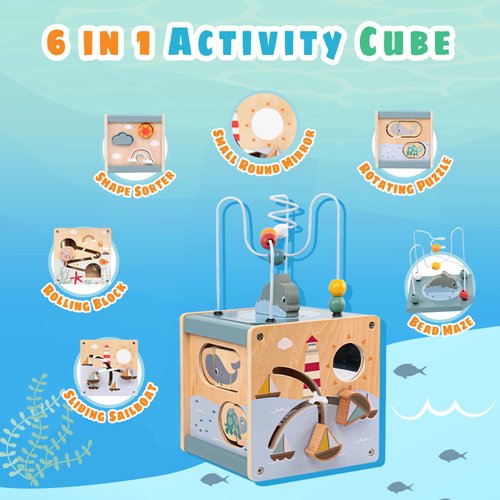 Masonbaby Wooden Activity Cube，6-in-1 Activity Cube，Wooden Activity Cube for Toddlers 1-3，Wooden Learning Toys Activity Cube for 1 Year Old, Multipurpose Educational Toy First Birthday