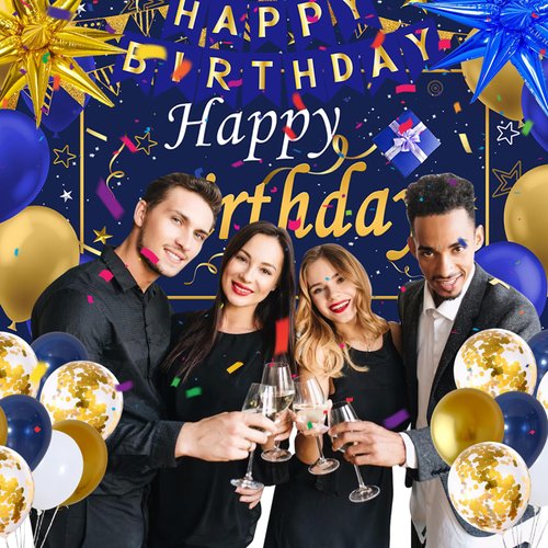 Gold and Blue Birthday Decorations for Men Boys Women Girls, 80pcs Blue and Gold Party Decorations Happy Birthday Backdrop Banner White Confetti Star Blue Gold Balloons Arch Tablecloth Party Supplies