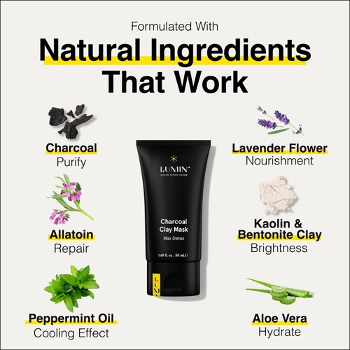Lumin - Charcoal Clay Mask Max Detox for Men - Prevent Blackheads, Shrink Pore Appearance, Made with Kaolin and Bentonite Clay, Gentler Than Pore Strips, Suitable for All Skin Types, 50ml